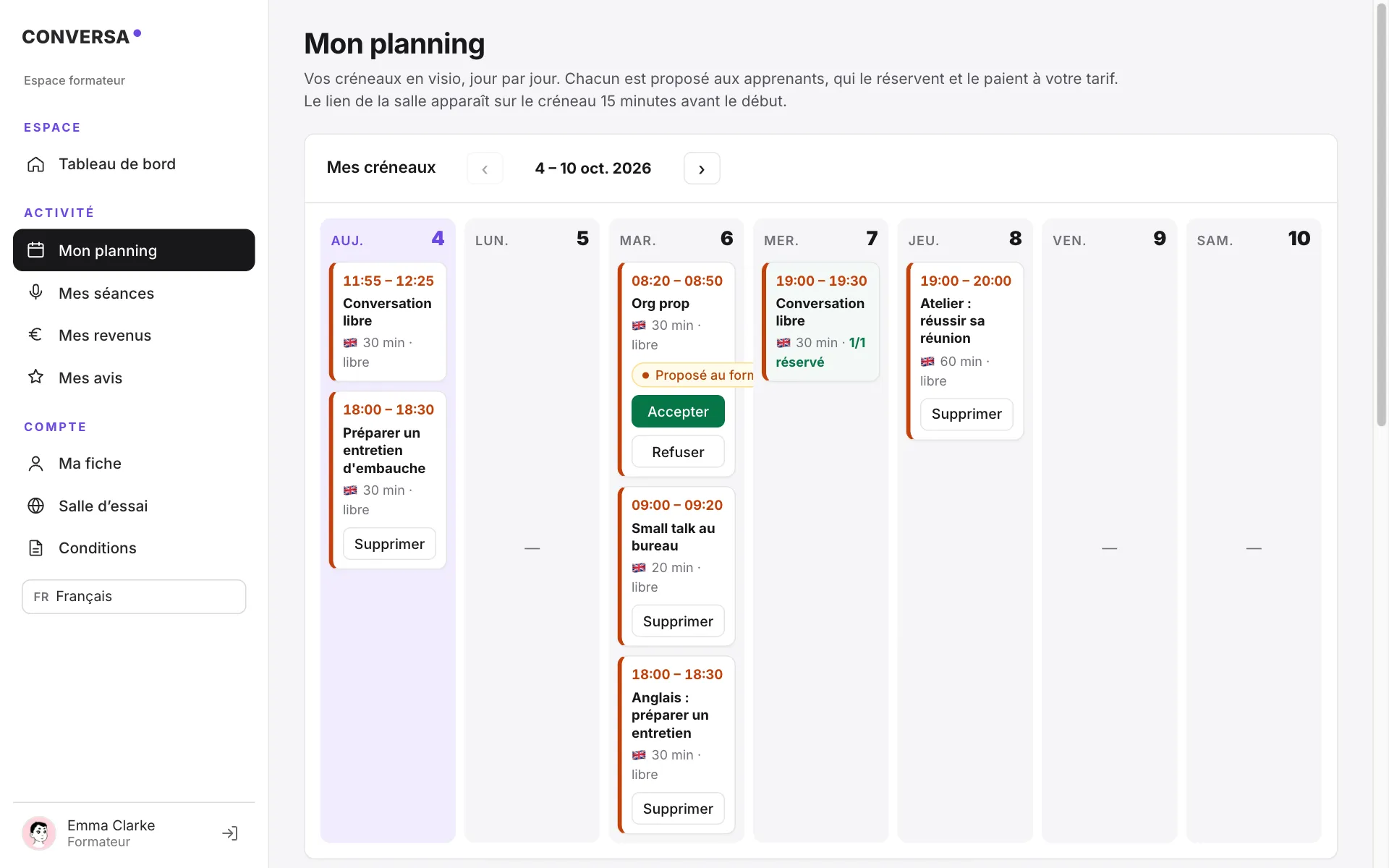 Le planning de Sarah : créneaux réservés et disponibles (données de démonstration).