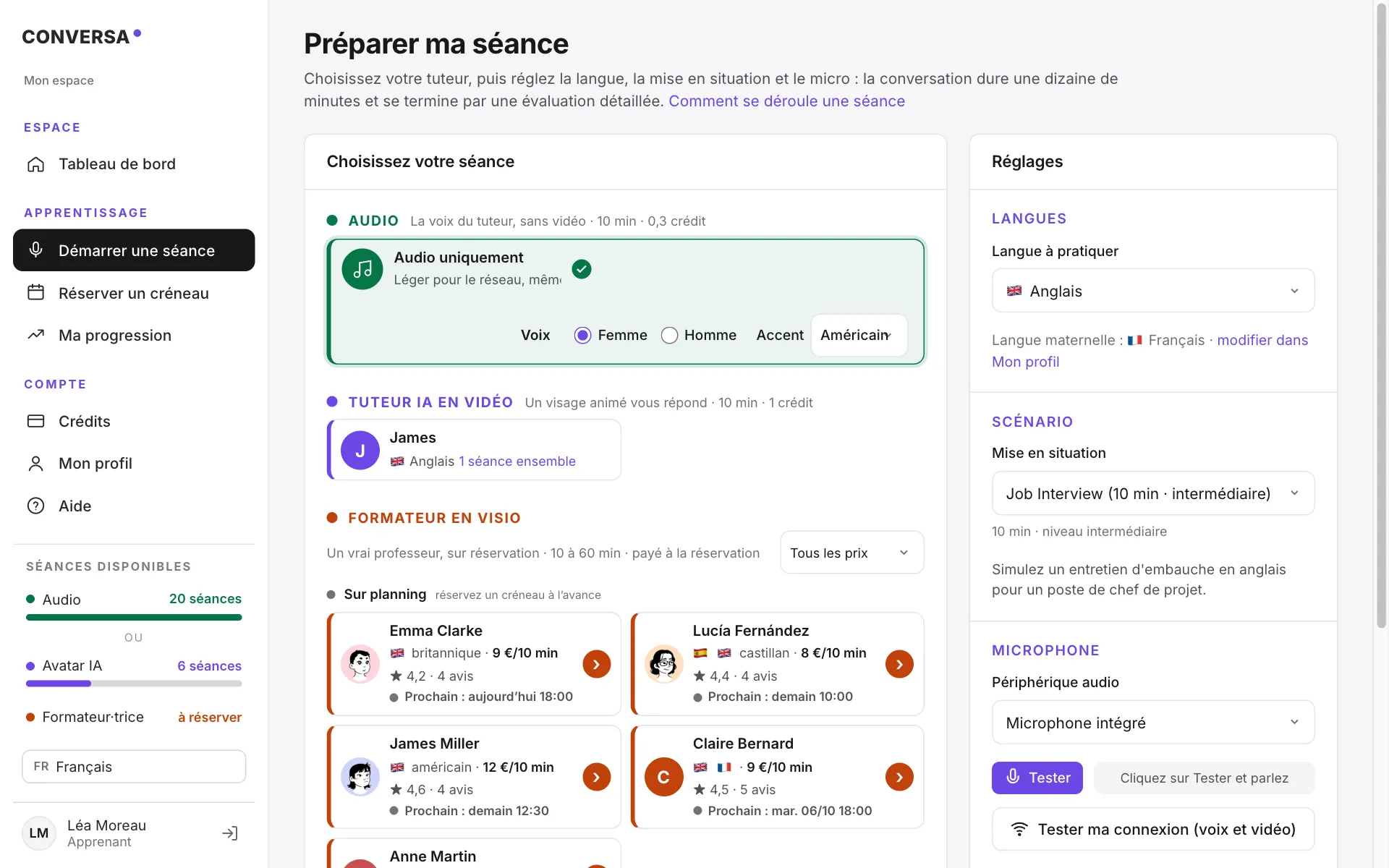 Écran de préparation d’une séance : choix entre audio, tuteur IA en vidéo et formateur en visio, réglage de la langue, de la mise en situation et du micro (données de démonstration).